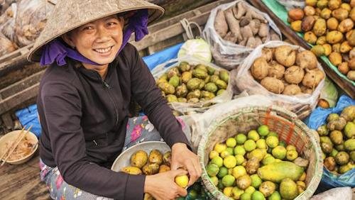 Chợ nổi trên sông Mekong với đủ loại trái cây hấp dẫn. Ảnh: iStock.